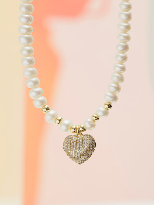 Zircon hearts pearl necklace